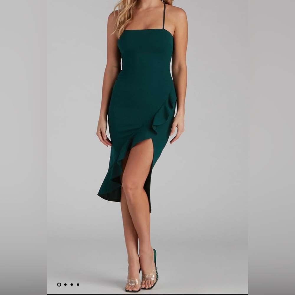 Hunter Green, Gorgeous Ruffle Detail Midi Dress
